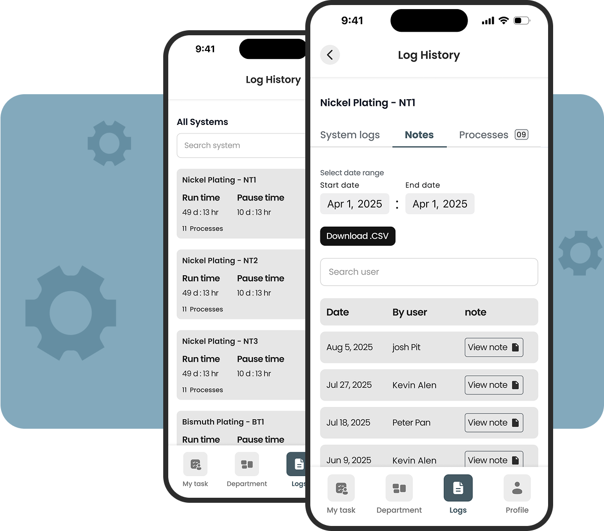 ProcessJr mobile app displaying log history with system records, user notes, and exportable data for full transparency