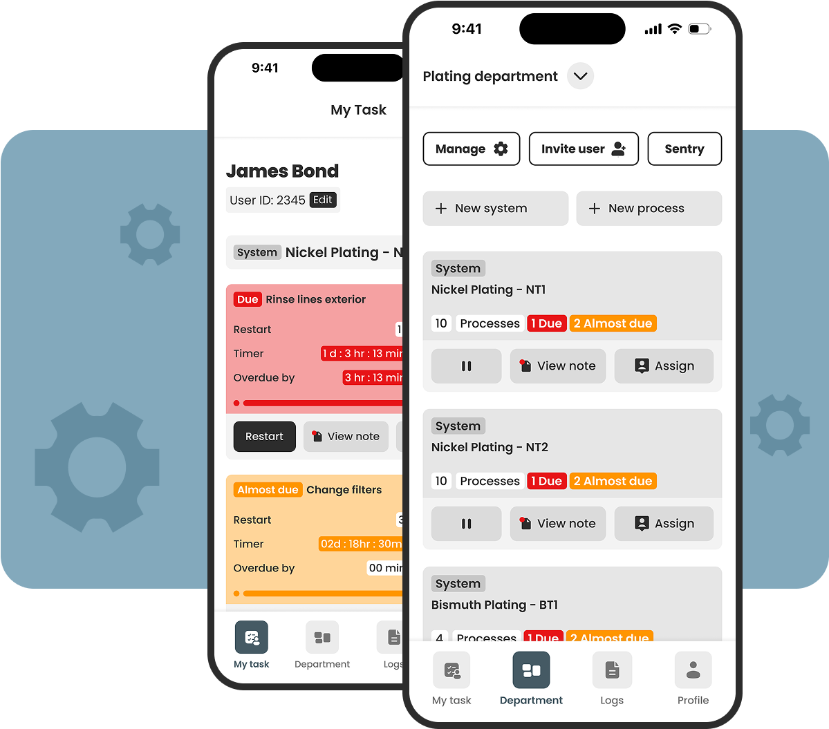 ProcessJr mobile app interface showing department organization with systems, processes, and task management features