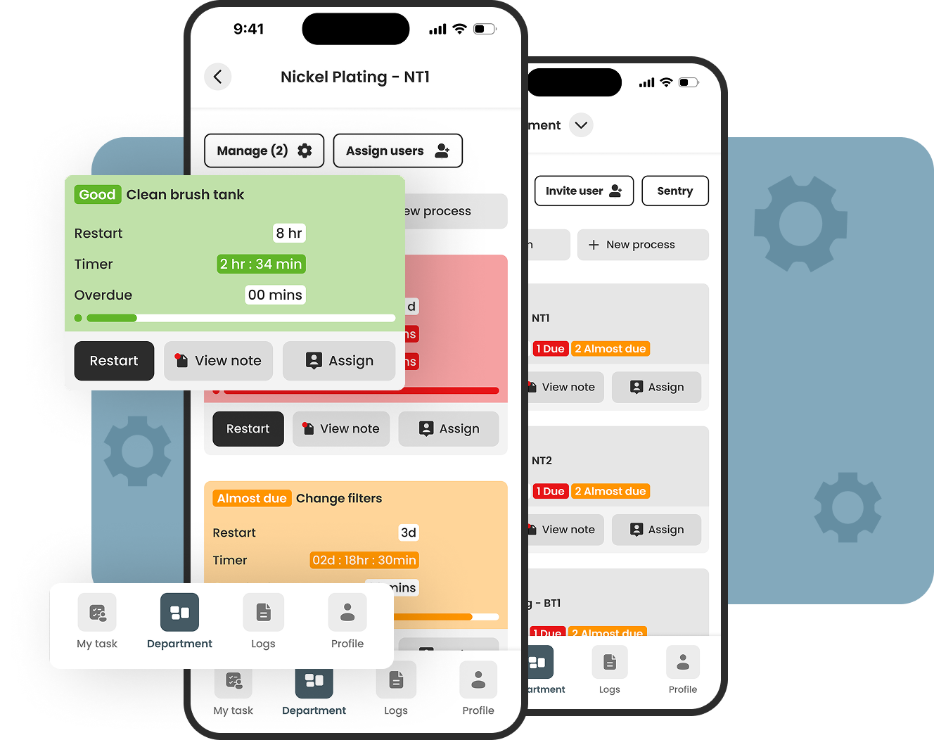 ProcessJr mobile app showing progress tracking with timers, status cards, and real-time updates for different processes